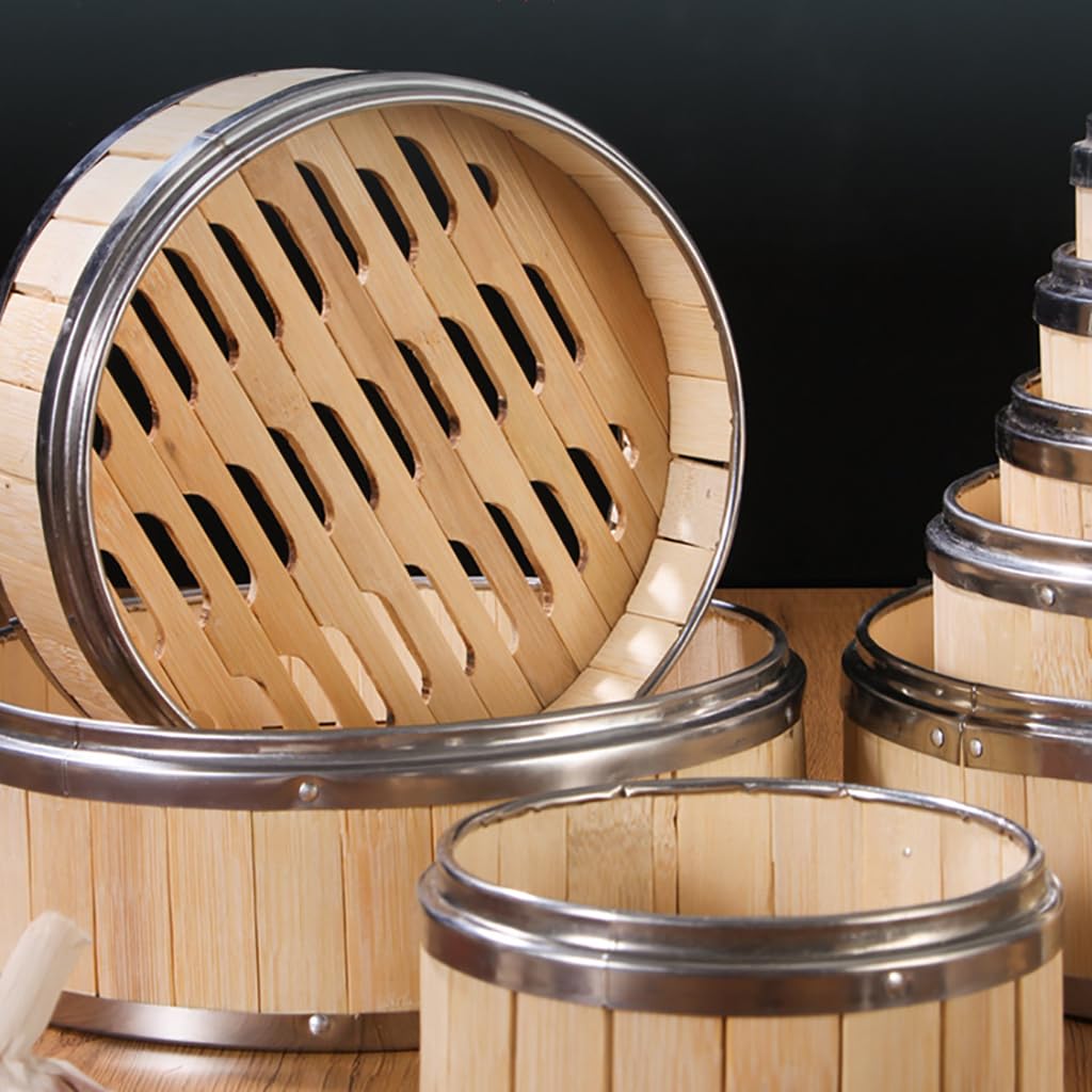Cesta de Vapor de bambú,2 Niveles con Tapa Steam Cooker,Olla vaporera de bambú Cocinar al Vapor con Bandas de Acero Inoxidable - para arroz,Dim Sum,Verduras,Carne y Pescado (8 tamaños)