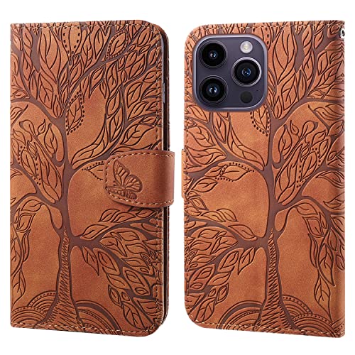 Aisenth Funda tipo cartera para iPhone 14 Pro Max (6.7 pulgadas), piel sintética en relieve, con tapa magnética, función atril, ranuras para tarjetas + 1 correa de muñeca (marrón)