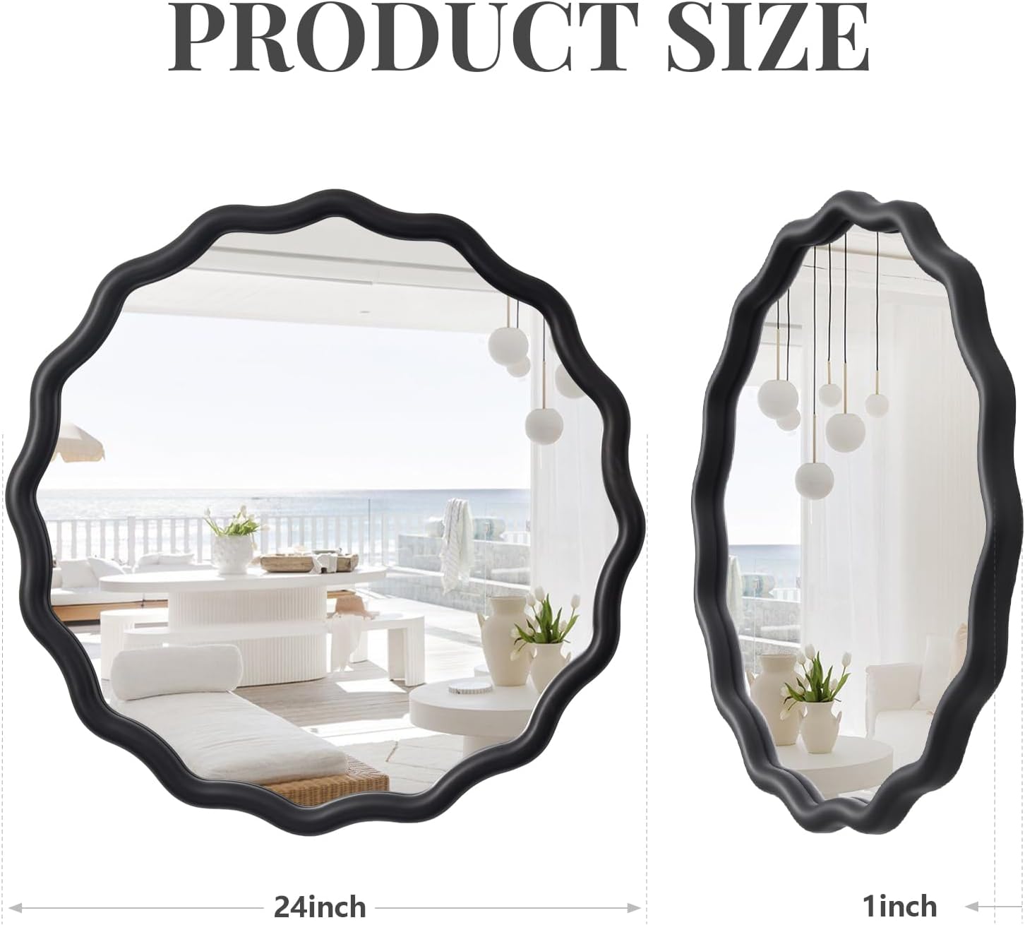 Black Scalloped Circle Mirror,24 inch Round Wood Wavy Bathroom Farmhouse Wall Mirror for Bedroom, Living Room, Hallway, Entryway, Office