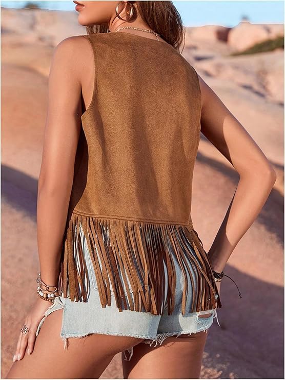 Women's Fringe Vests Vintage Cowgirl 70s Hippie Sleeveless Tassel Faux Suede Waistcoat Hollow Out Western Jacket4