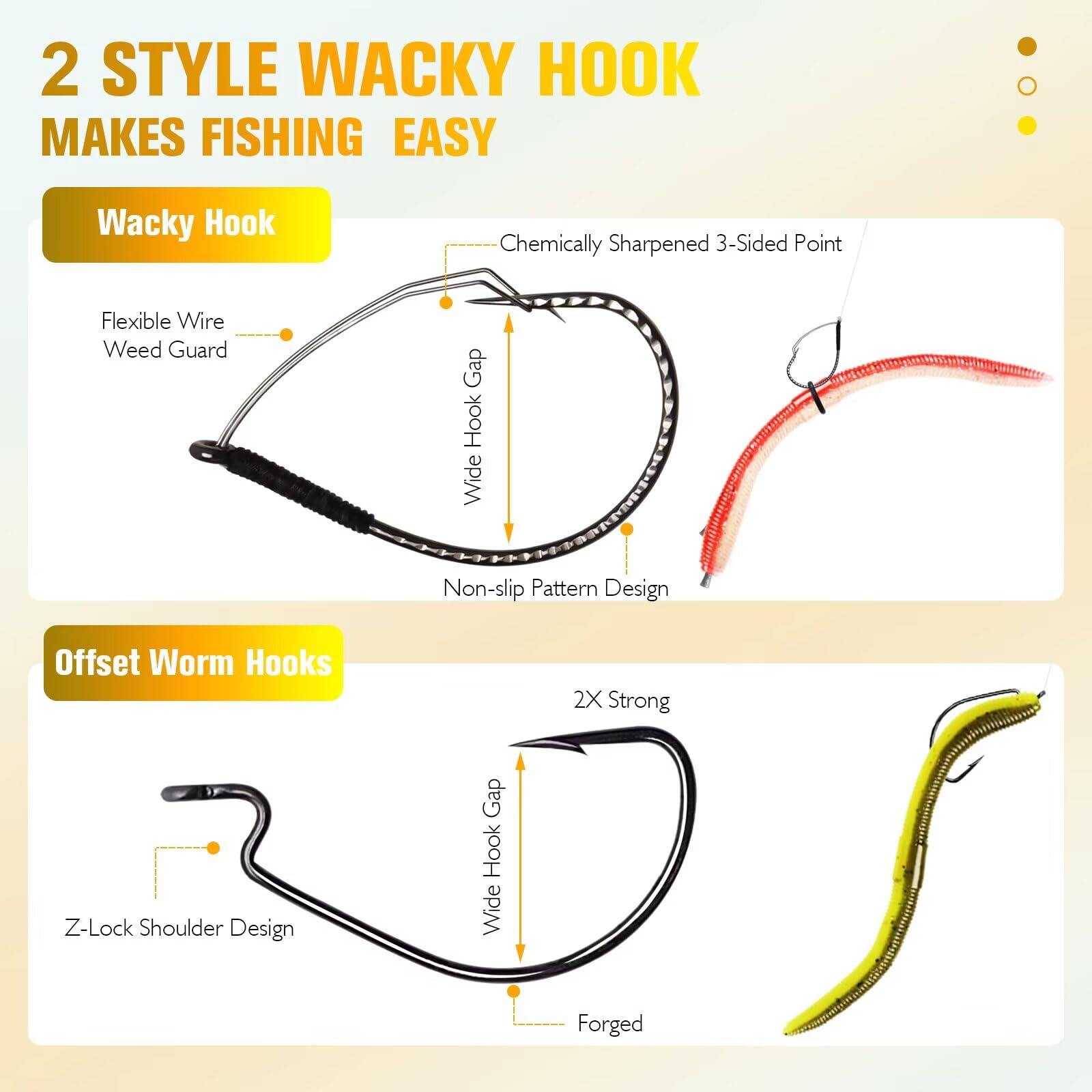 Dovesun 152/50 Pièces Wacky Worm pour Bass Leurres de pêche Kit d'hameçons et de vers de pêche avec appâts en Plastique Souple hameçons Weedless hameçons Offset Worm Wacky Rig