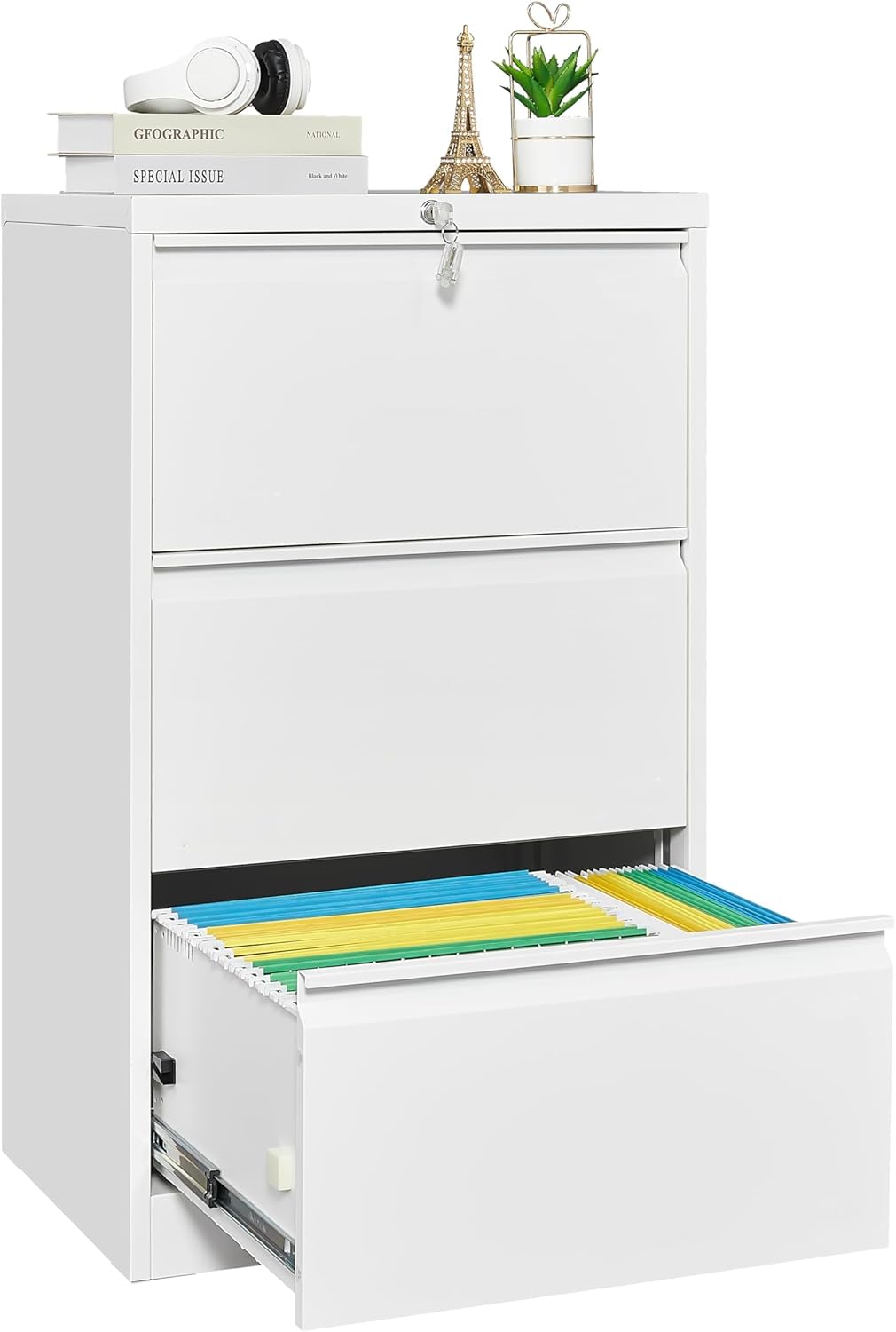 3 Drawers Lateral File Cabinet with Lock, Metal Filing Cabinet with Card Holder, Steel Drawer File Cabinets for Under Desk Use, Perfect for Home Office, Legal, Letter, f4, a4 Size Documents,White
