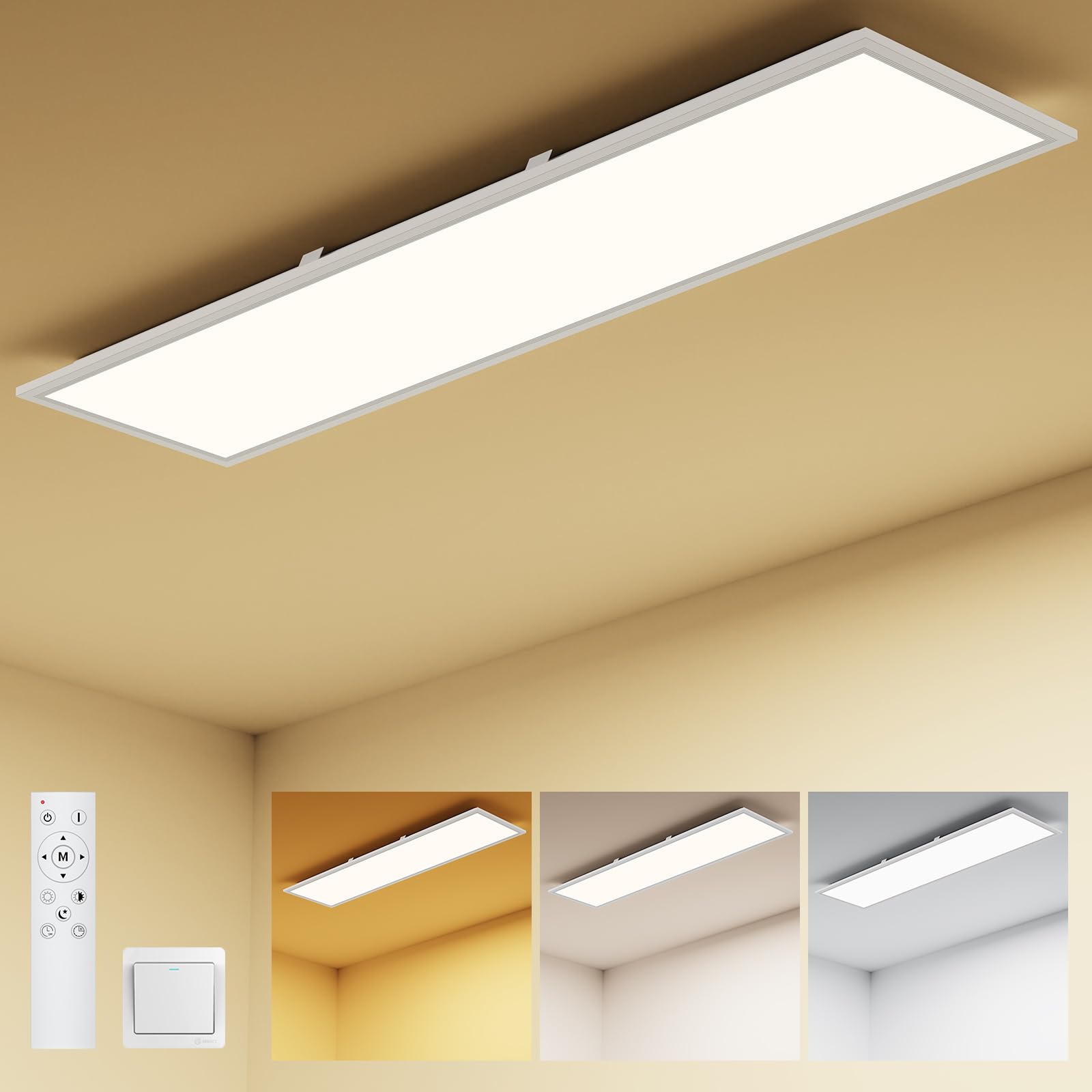 Amdelne LED Panel Deckenleuchte 100x25cm, 3000-6500K Deckenleuchte Dimmbar, 30W Deckenlampe Lang Flach mit Fernbedienung Nachtlicht Memory-Funktion für Wohnzimmer Schlafzimmer Badezimmer Büro küche