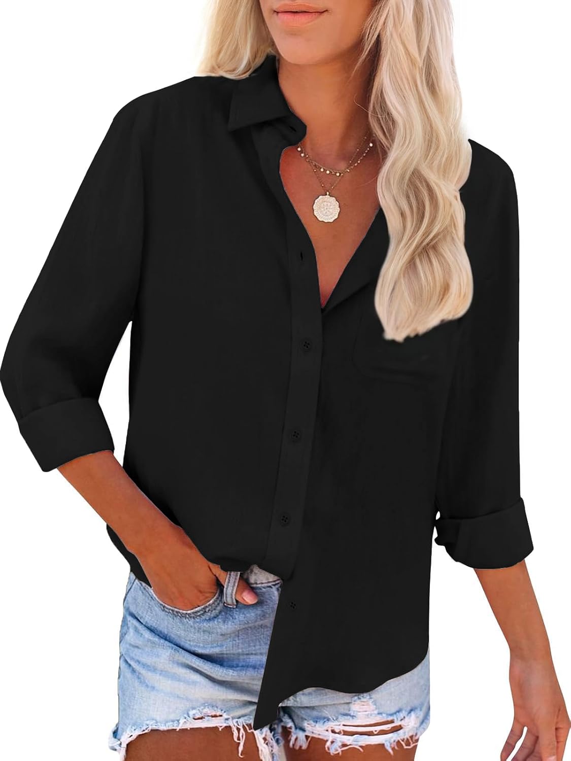 Womens Button Down Shirts Cotton Linen Long Sleeve Dress Shirts Casual Summer Tops Work Blouses with Pockets