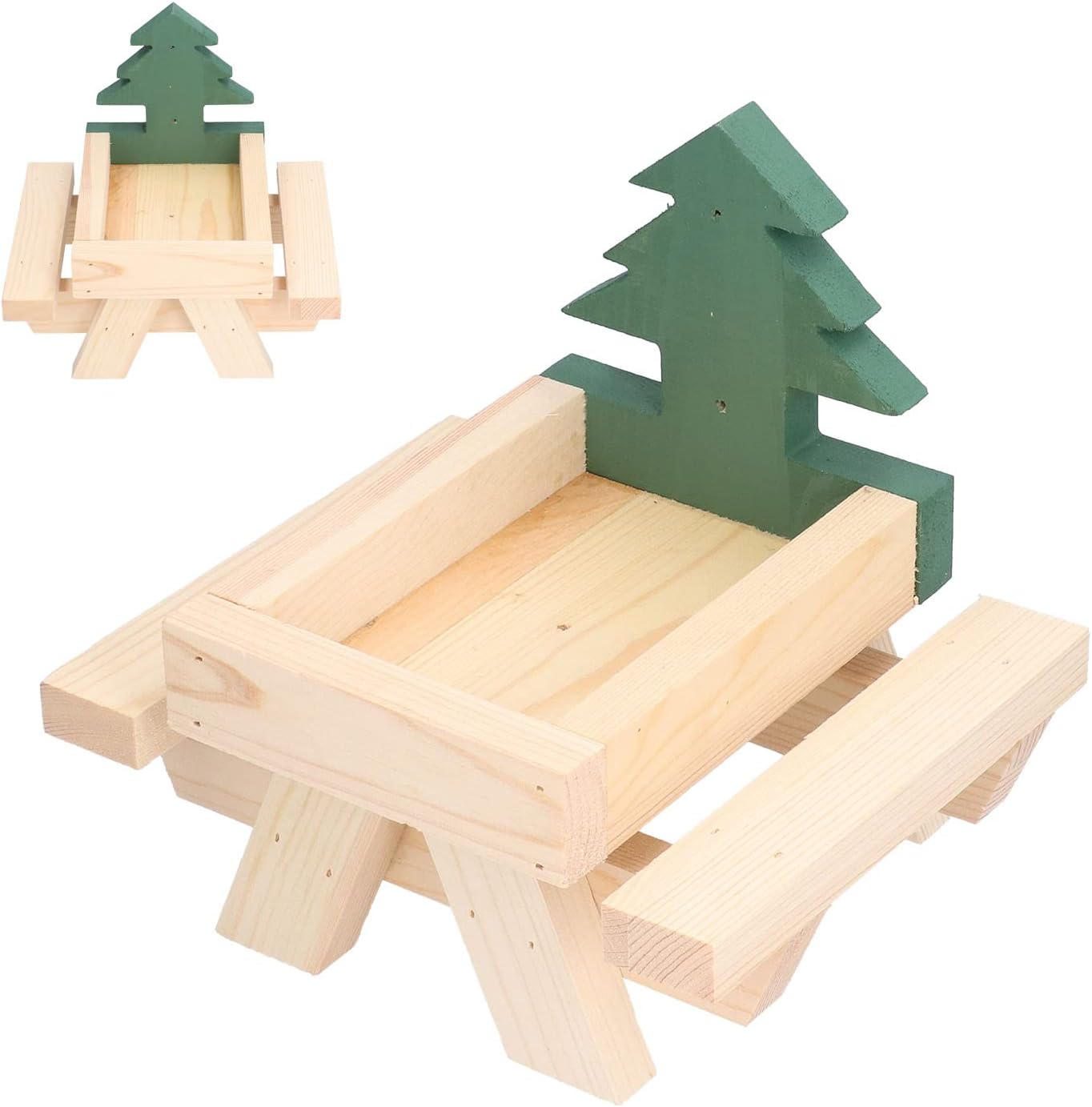 Squirrel Picnic Table Wooden Feeder with Corn Cob Holder, Durable Pine Wood, Outdoor Small Animal Dining Table - Funny Design, Fence Protection, Ideal for Backyard Wildlife