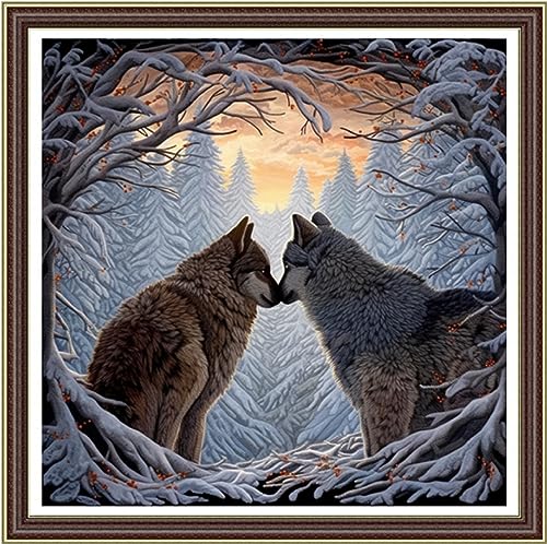 Image of Foxhool Beginners Cross Stitch Kits Stamped Full Range of Embroidery Kits for Adults DIY Cross Stitches kit Embroidery Patterns for Needlepoint kit-Couple Wolf 17.7x17.7 inch