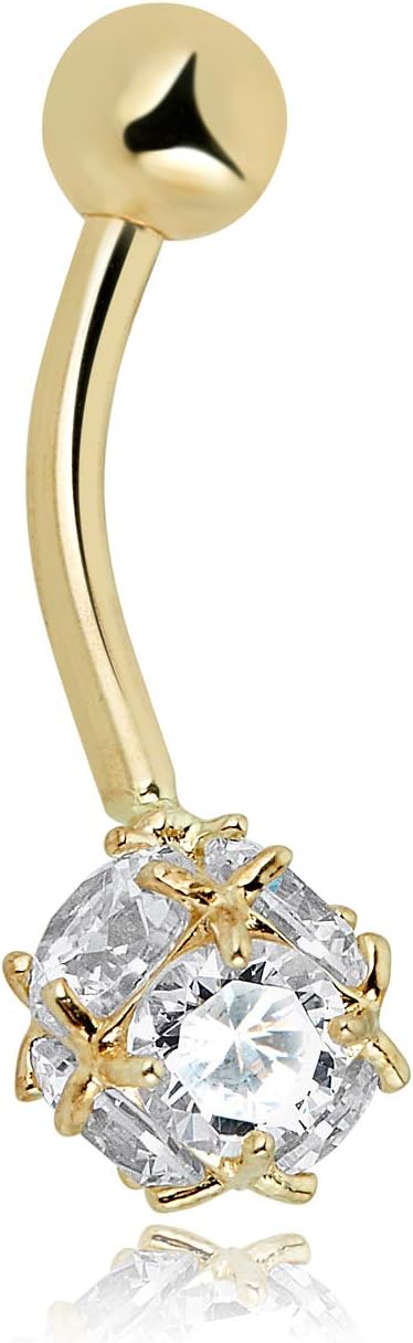 AVORA 10K Gold Simulated Diamond CZ Spiked Ball Belly Button Ring Body Jewelry (14 Gauge)