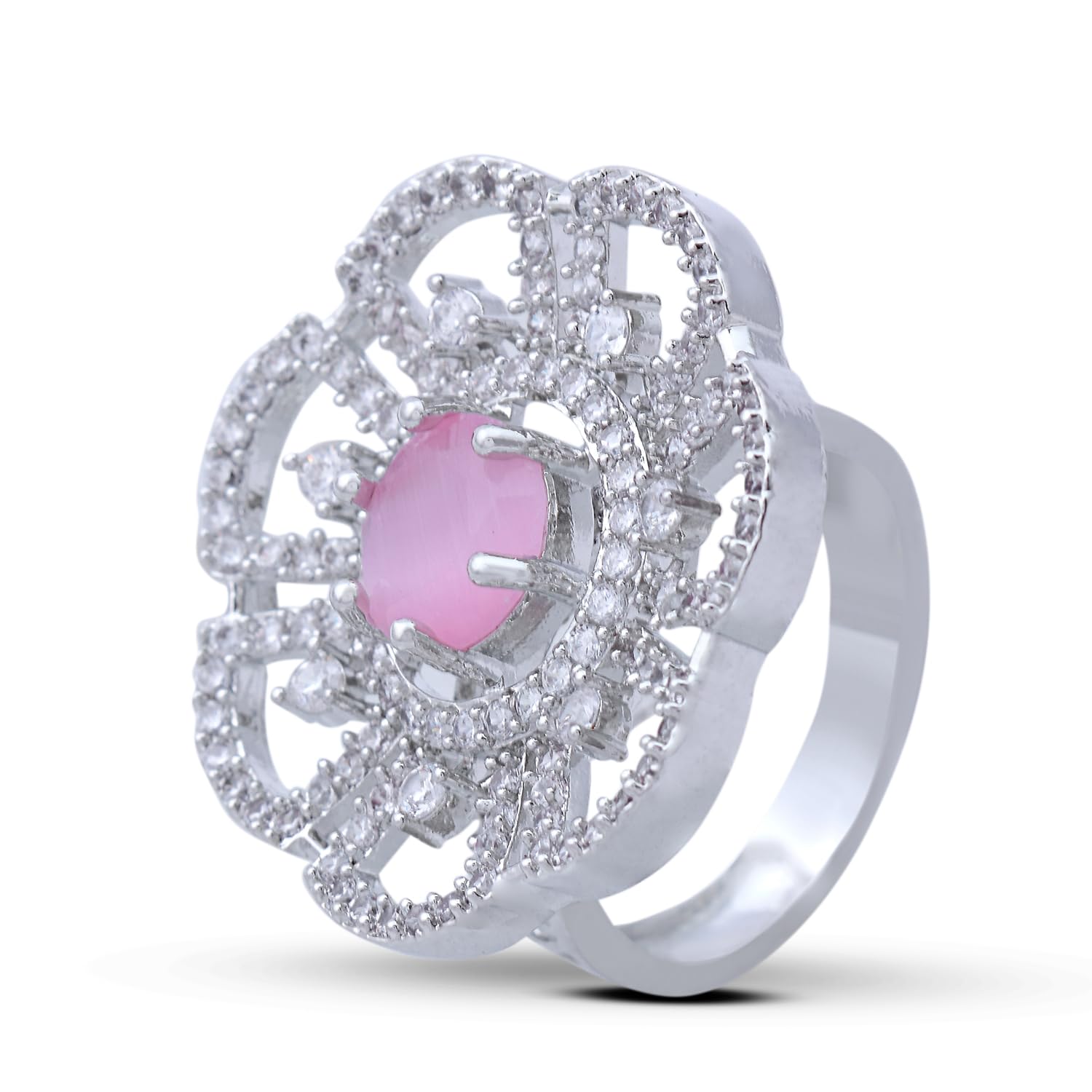 Trendisia Floral Cocktail Ring for Women | Pink Stone & CZ Diamond Studded Adjustable Statement Finger Ring-image-8