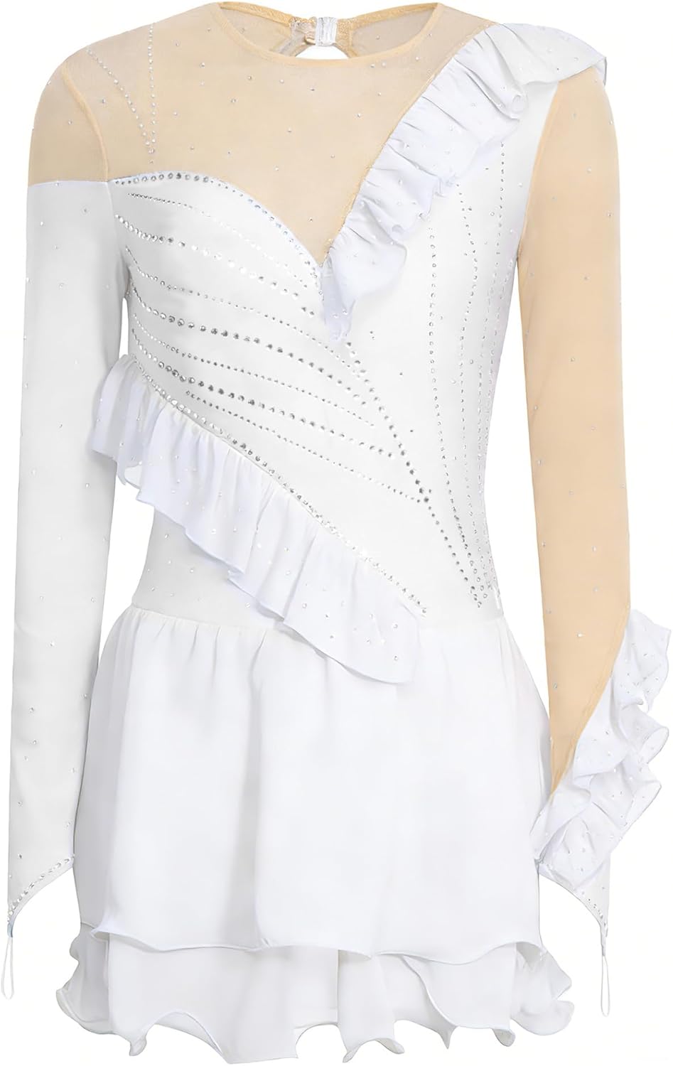 JEYPINMI Rhinestones Ice Figure Skating Leotard Dress for Women Long Sleeve Gymnastics Bodysuit Chiffon Skirt