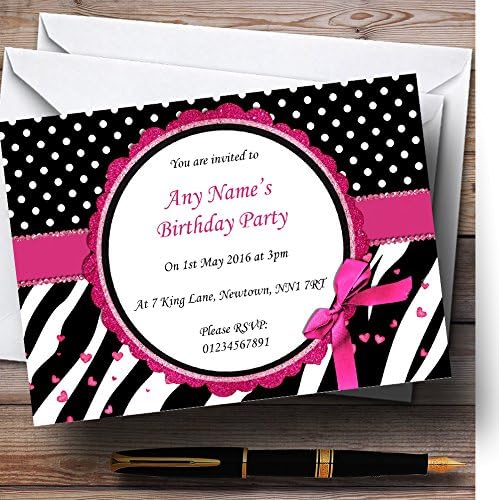 Zebra Print and Polka Dot Black Pink Personalized Birthday Party Invitations