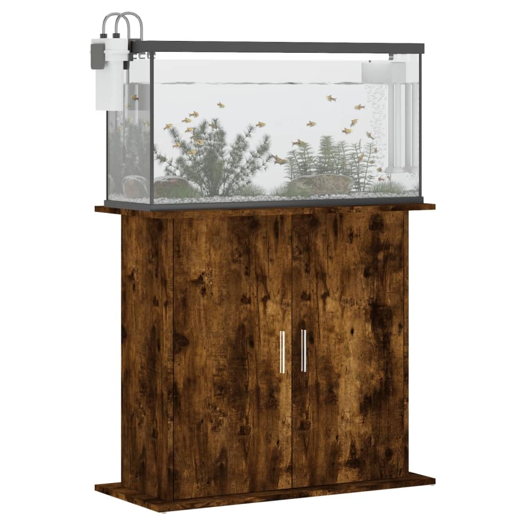Soporte para acuario, roble ahumado, 81 x 36 x 73 cm, estructura de madera para muebles con 4 compartimentos y puertas, armario inferior estable para peces, accesorios, almacenamiento, salón