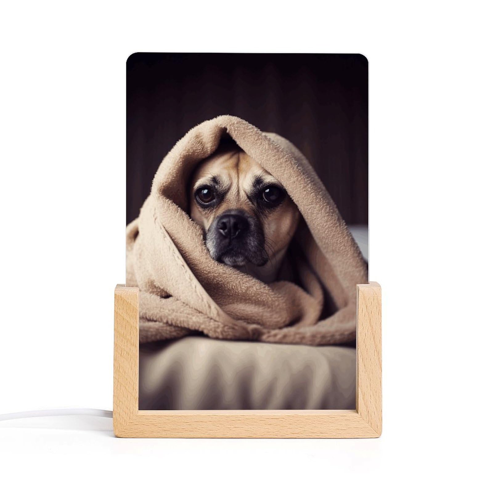 JTREHY Acrylic Night Light,Dog in A Blanket Printed Wooden Base LED Night Light Modern Home Decoration Light with USB Switch Cable for Bar Cafe Bedroom Room Decoration