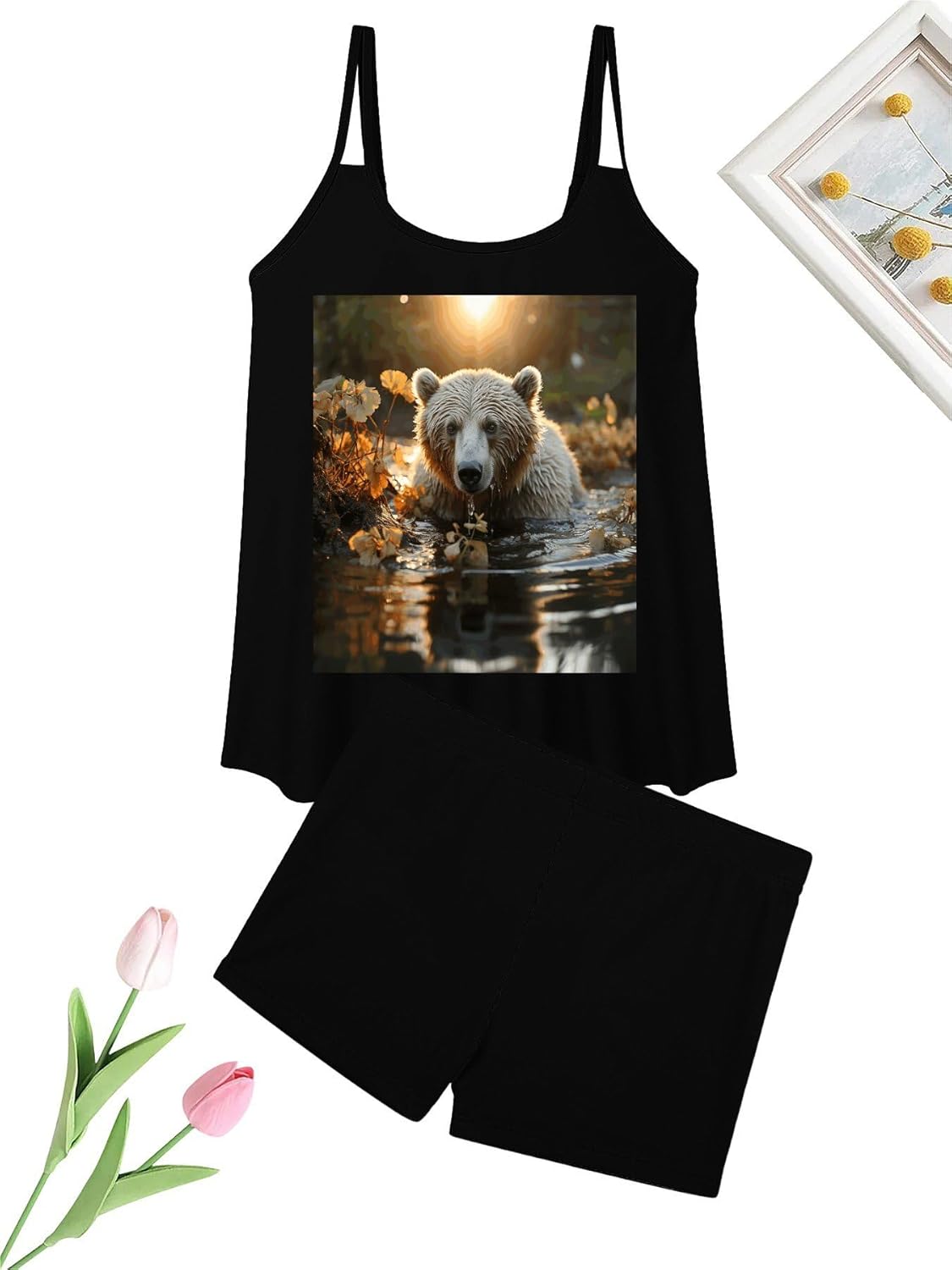 Bear Crossing The River Tankini Swimsuits for Women Tummy Control Two Piece Bathing Suits Swim Tops with Boy Shorts