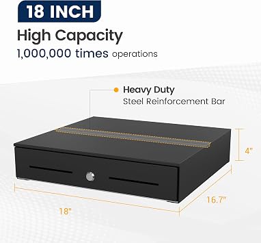 18 Cash Rigister Drawer High Capacity- Removable 5Bill/5Coin Insert Tray, Auto Electronic Open, RJ11/12 Cable, 24V, Key Lock, Double Media Slots Cash Box