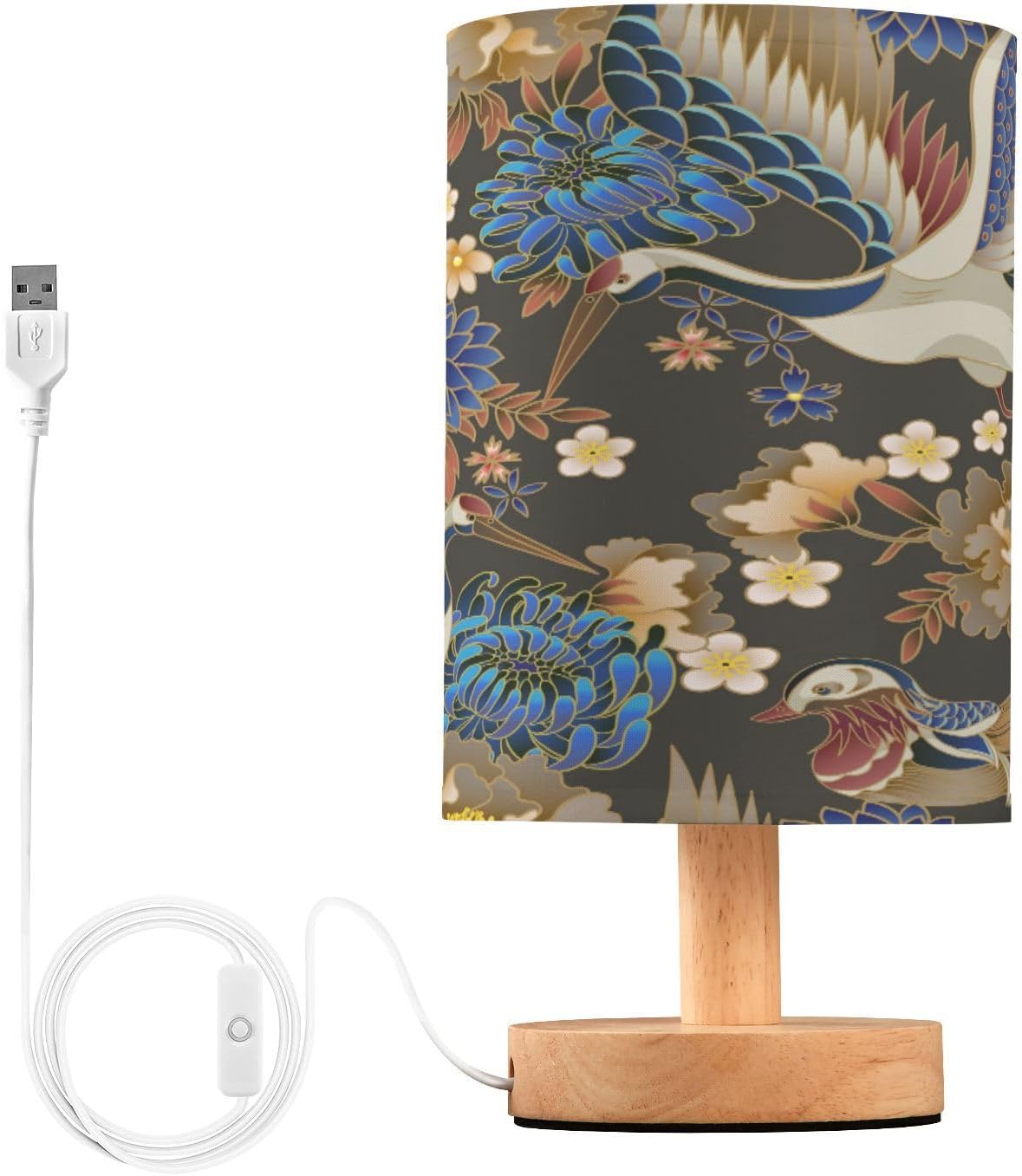 ALAZA Flowers Cranes Table Lamp for Bedroom USB Port Bedside Lamp Small Nightstand Desk Lamp for Girls Boys Kids Room Office Living Room Decor