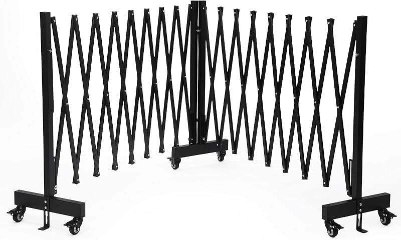 Barricada extensible de metal industrial de 23,5 pies para área de construcción | Valla de tráfico retráctil con ruedas y placa fija, puerta de seguridad plegable, puerta de barricada portátil (negro)