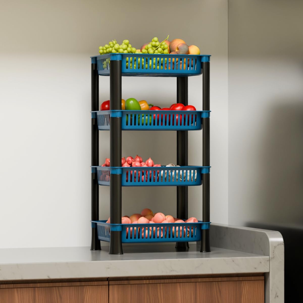 Multipurpose Foldable Plastic Storage Rack Basket Stand for Home, Office and Kitchen (Blue, 4 Layer)-image-0
