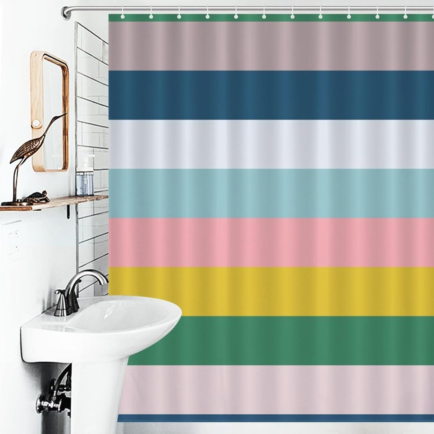 Shower Curtain Liner Set, Multicolored Stripes Green Blue Pink Waterproof Washable Bathroom Curtains with 12 Hooks, 60 x 72inch