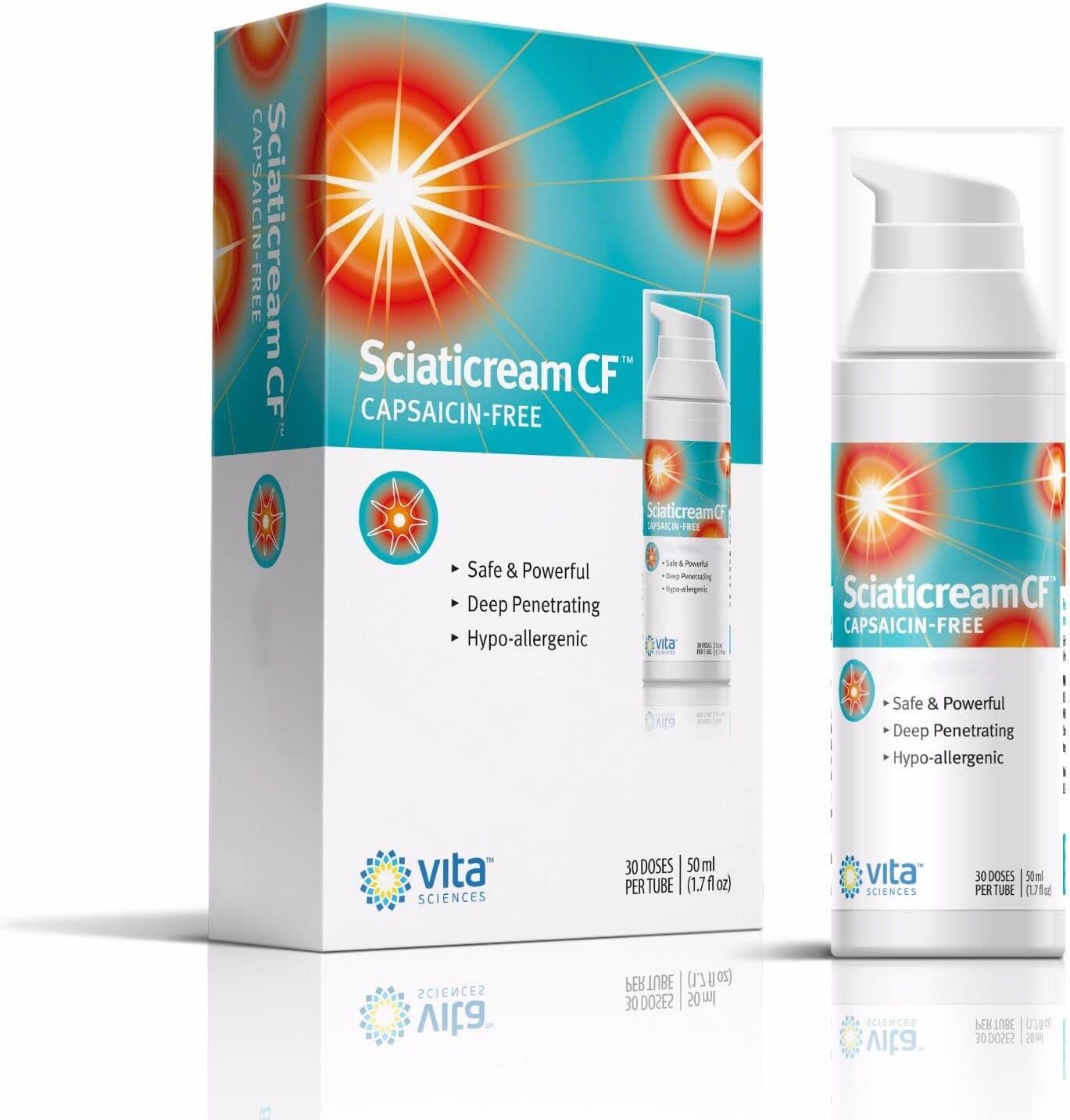 Vita Sciences Sciaticream CF Crema calmante rápida para el nervio ciático con base de árnica, B1, B5, B6, MSM, aloe y aceite de coco. Sin