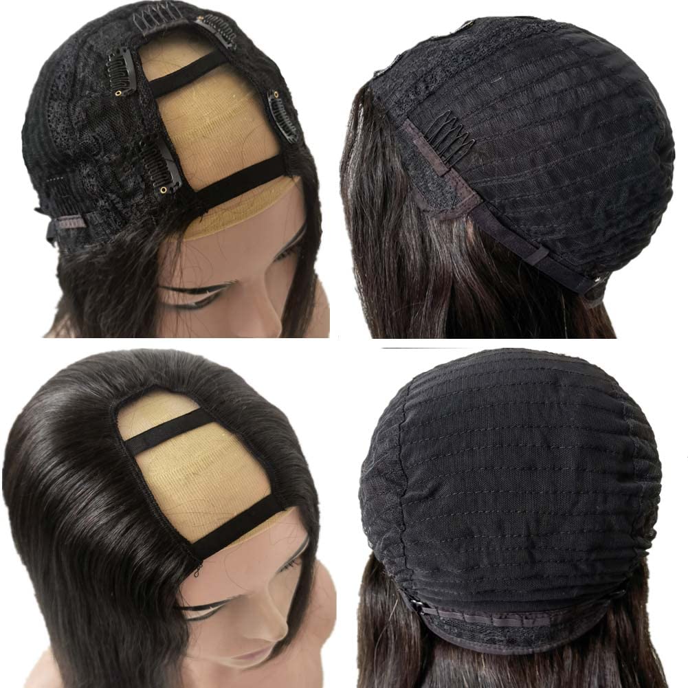 Wig Kinky Curly U v Part For Black Women Short Curly Human Hair Bob Cut With Clips Straps Glueless U Shape 180% Density 12in, 6.0 Count