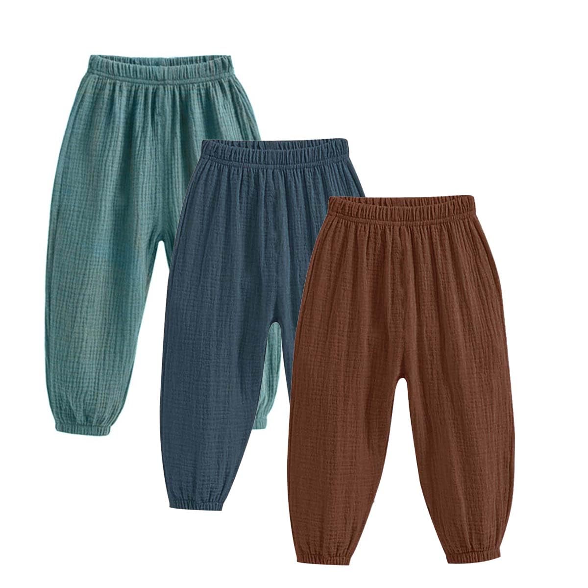 Confezione da 3 pantaloni a pompa, unisex, per bambini, taglia 86/92/98/104, estivi, a doppio strato, in cotone, per bambini, leggeri, traspiranti, casual, taglia 116/122/128/134