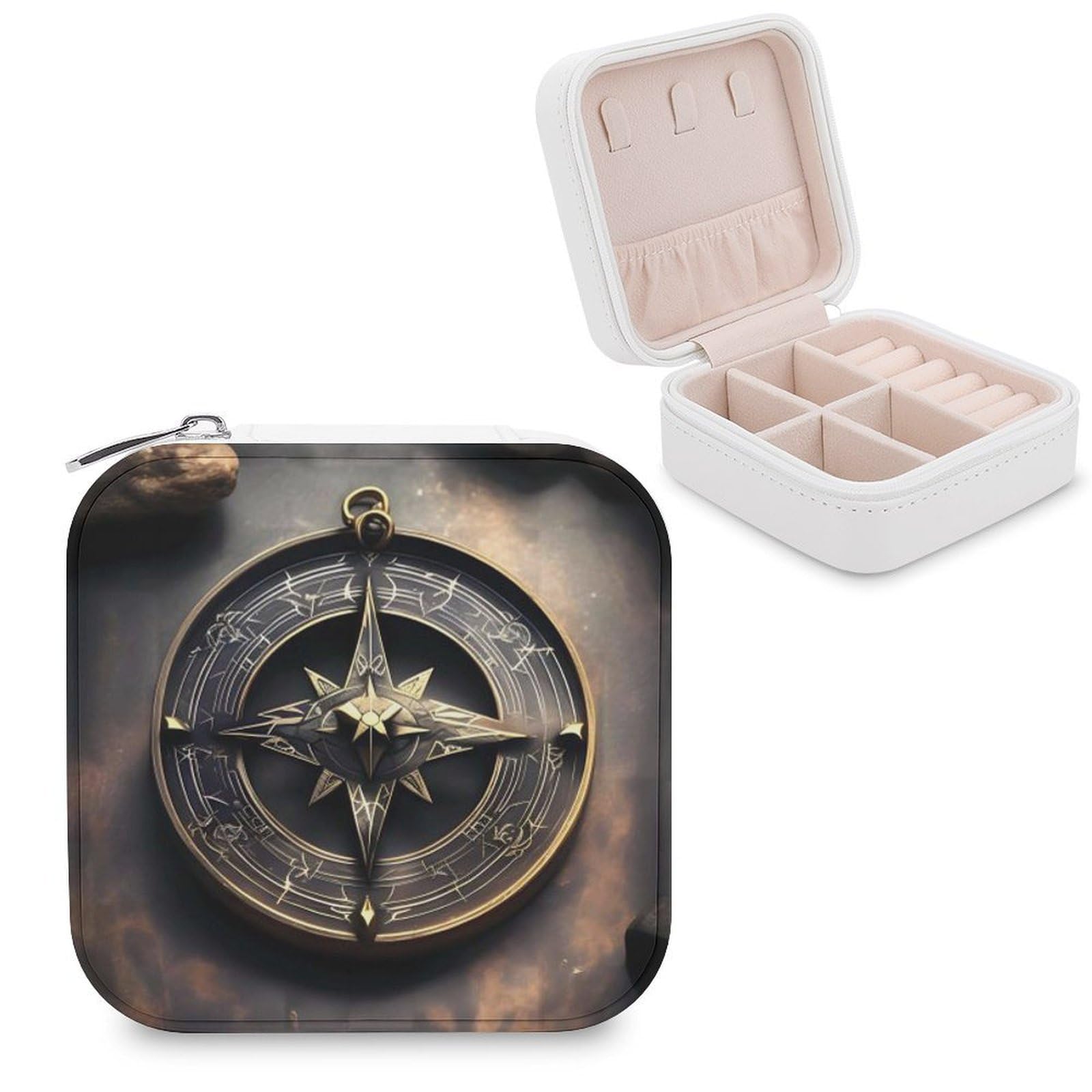 VstaDank Magical Design Norse Runes Compass Travel Jewelry Case Zipper Portable Small Jewelry Box Custom Pu Leather Mini Traveling Jewelry Organizer for Rings Earrings Necklace Bracelet Girls Women