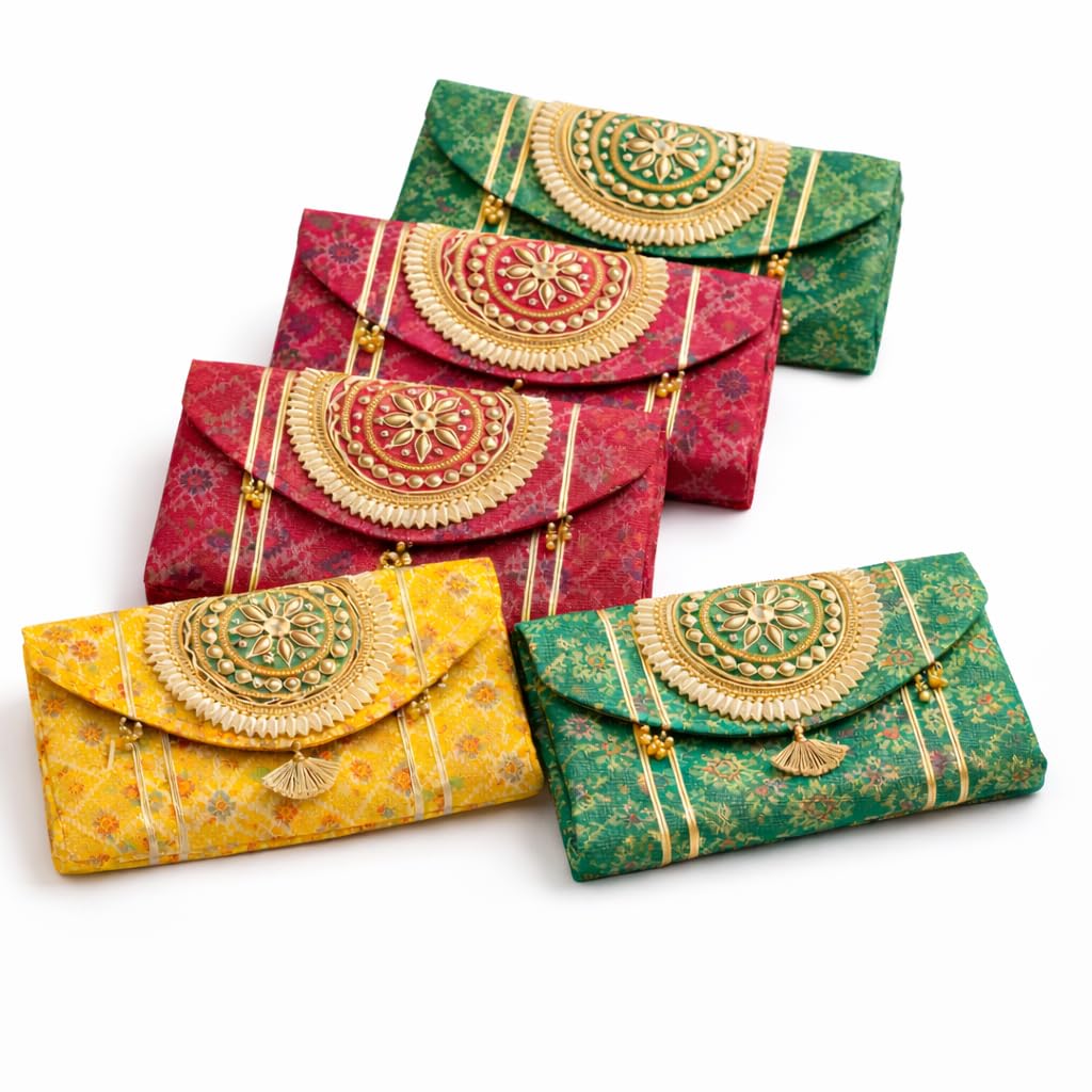 blessing decor Women Ethnic Embroidered Clutch Bag with Golden Handwork & Tassel | Traditional Style Purse for Wedding, Party, Festive | Shagun Clutches for Wedding Return Gifts- (PACK OF 4)-picture-48