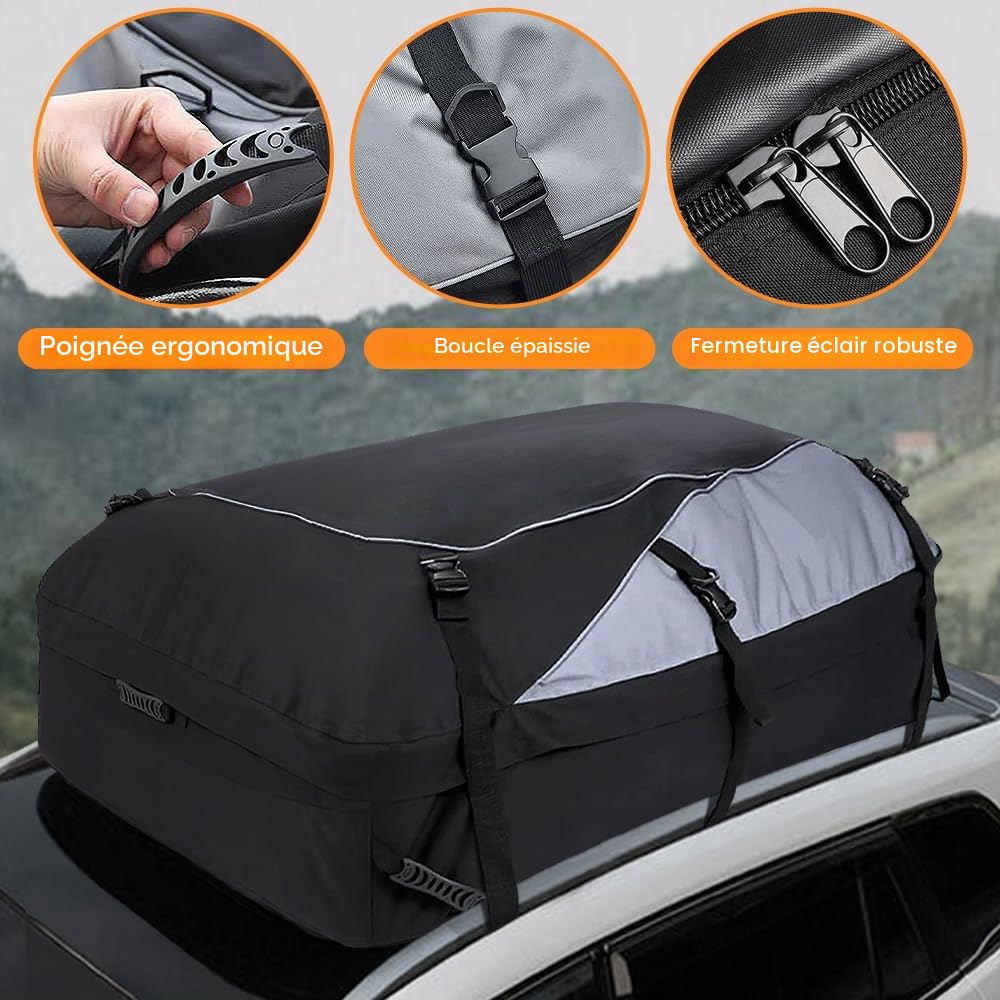 Coffre de toit pour voiture 595 L Pliable Étanche Sac de toit Boîte de rangement avec 6 boucles de renforcement pour véhicules avec/sans porte-bagages Transport de bagages, fourgonnettes, SUV