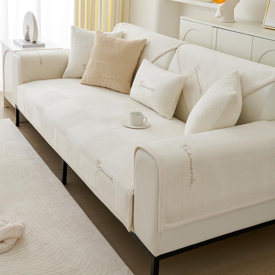 vctops Soft Velvet Sofa Cover Embroidered Sectional Couch Covers Non Slip Sofa Slipcover Furniture Protector for Kids Dogs Pet, 1 Piece/Not All Set (Off White,35"x94")