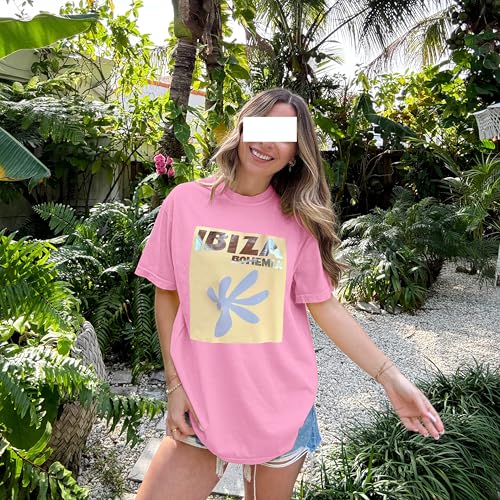 Image of Vintage Oversized Flower Graphic Tees Cute Surfboard Palm Baggy T-Shirts Summer Preppy Beach Tops Teen Girls Clothes