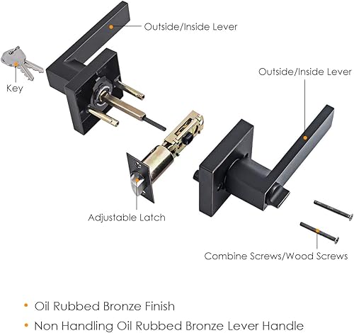 Miniatura 8 de Palancas de entrada resistentes, manija cuadrada de puertamanija de puerta para cama o baño en acabado de bronce aceitado, pestillo ajustable que se