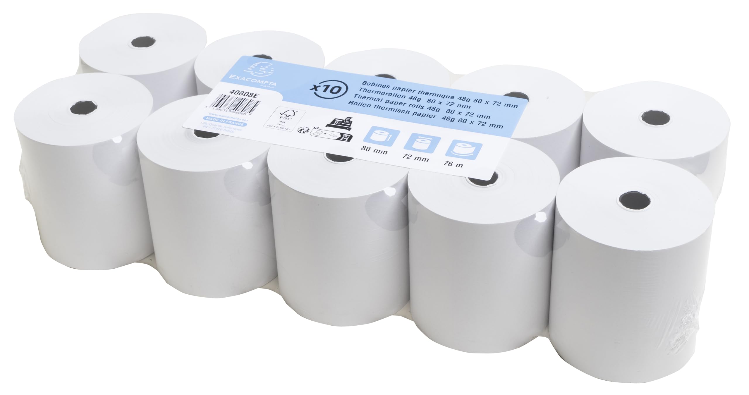 EXACOMPTA Lot de 10 Bobines caisse papier thermique 55g m/2 80 x 80 x 12 mm 78m
