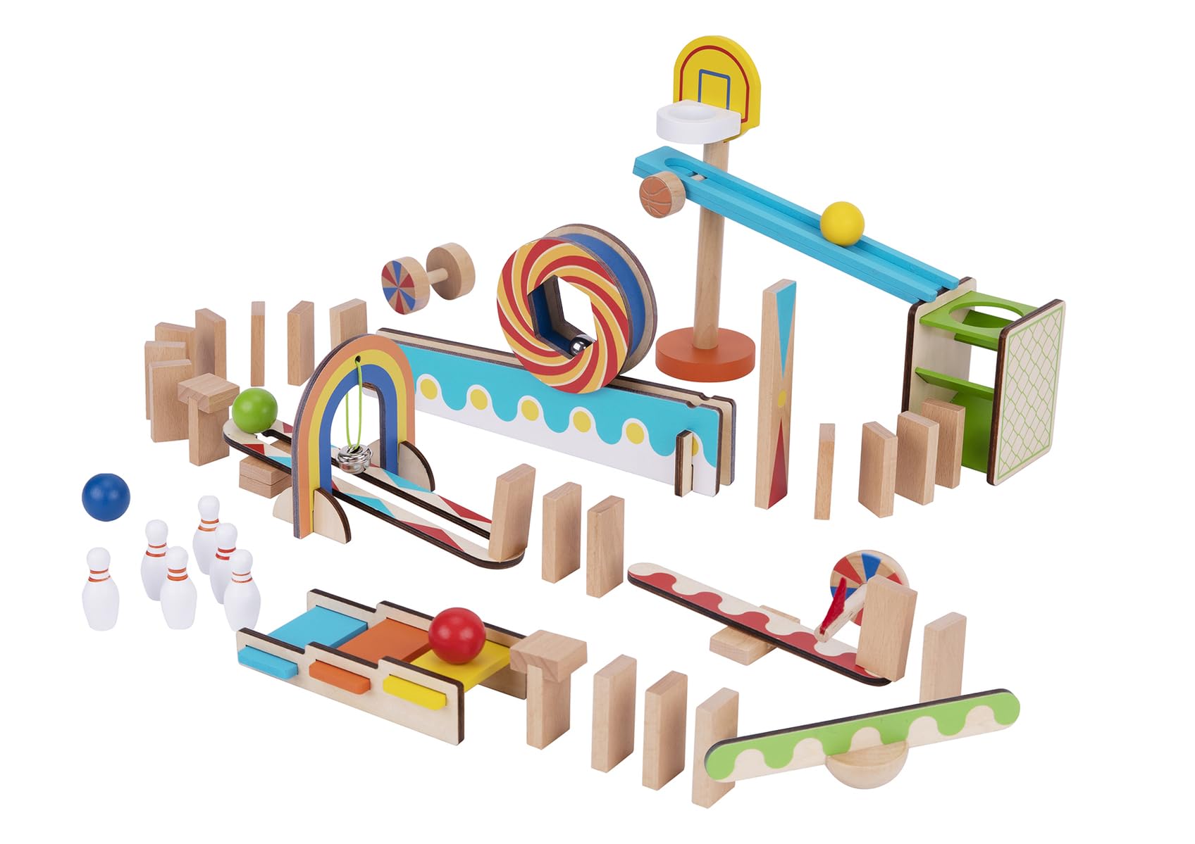 Tooky Toy Domino Run Building 57 Piece Wooden Playset with Kinetic Pinball Set for Kids