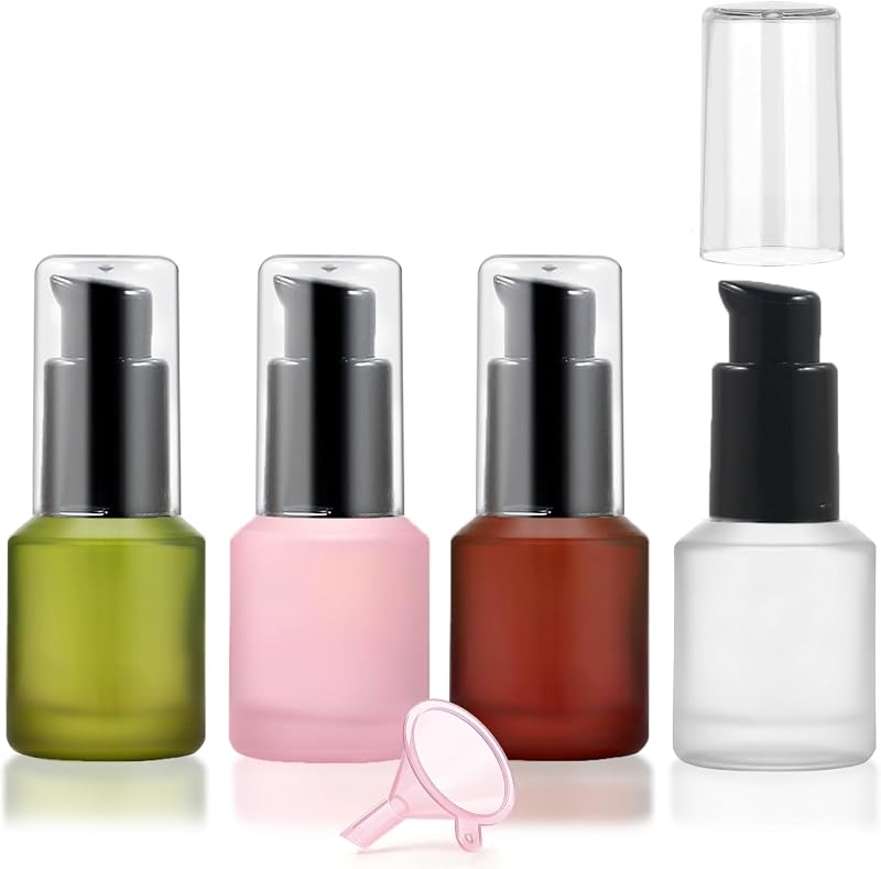 Frascos dispensadores com bomba DPLASKA de vidro fosco, 15 mL, Pacote com 4 e funil
