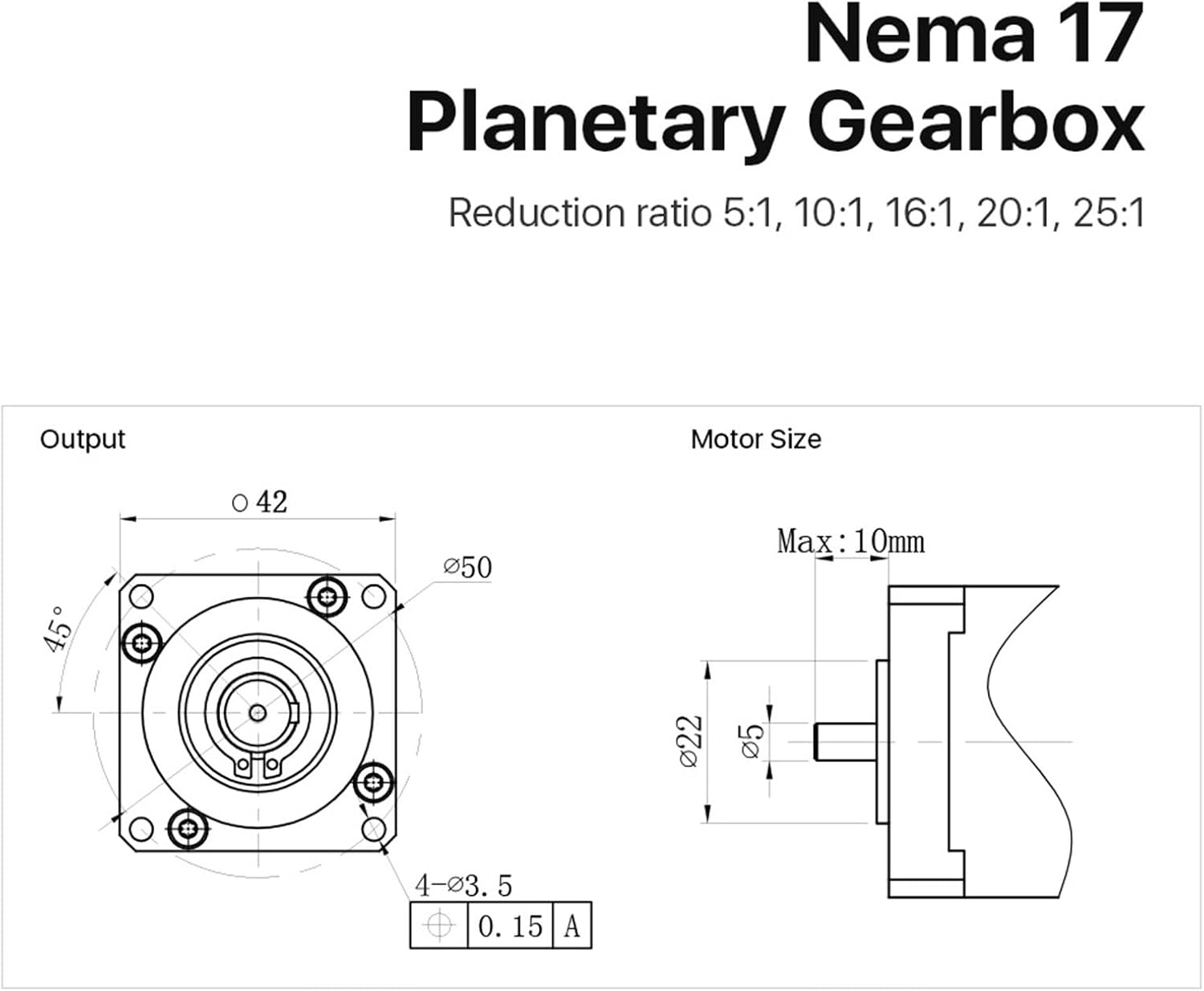 1PCS Nema17 Planetary Gearbox Motor Speed Reducer with Ratio 5:1, 10:1, 16:1, 20:1, 25:1 5mm Input for Open Close Loop Motor(16)