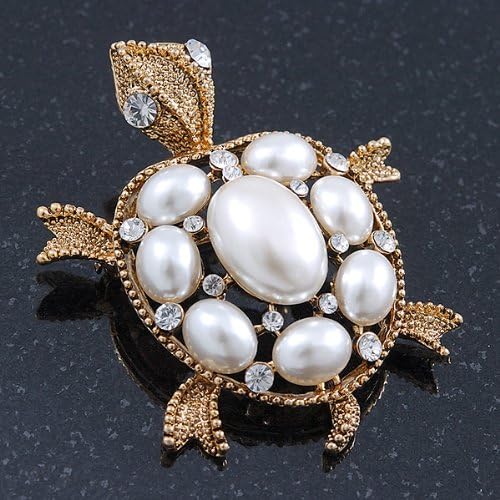 Vintage Inspired Simulated Pearl, Crystal 'Turtle' Brooch In Gold Plating - 60mm Length, white / ivory, gold - Image 3
