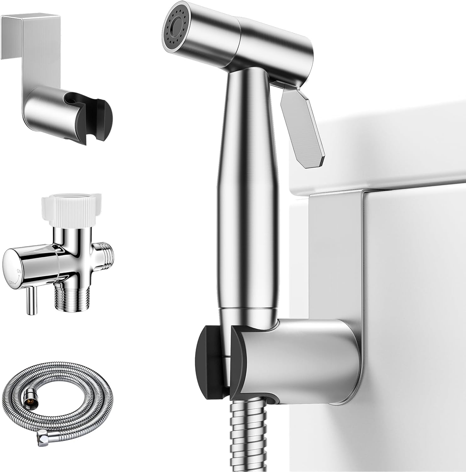 Bidet Sprayer for Toilet - Chrome Finish Shattaf Set with 57" Hose and Enhanced Stainless Steel Brushed Nickel for Feminine & Baby Wash, Includes Pressure Control T-Valve, Rubber Washers,Tape