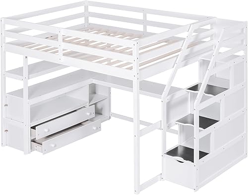 Miniatura 9 de Quarte Cama alta multifuncional cama alta de tamaño matrimonial con escritorio integrado en forma de L y estantes de almacenamiento de tres niveles