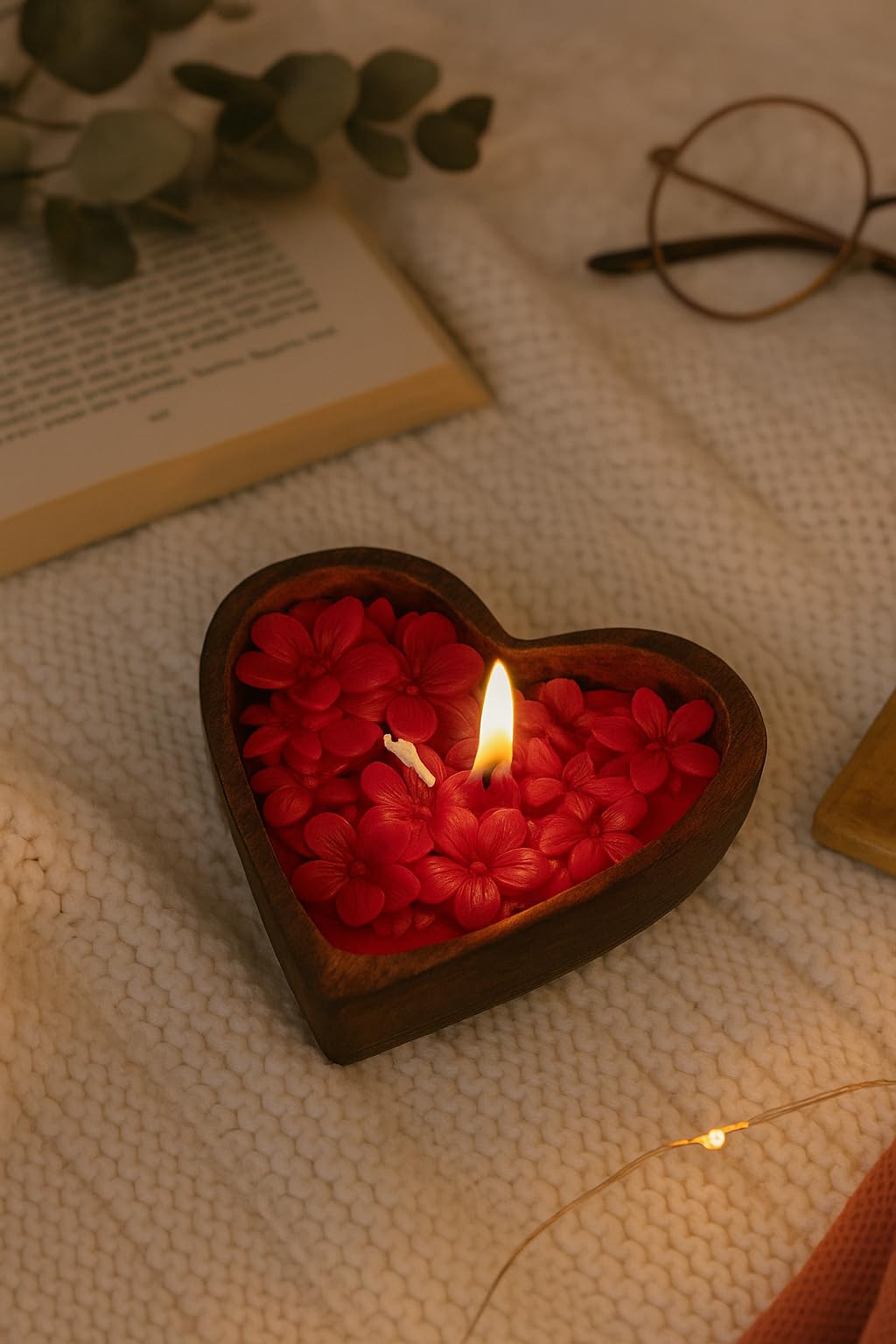 Writtini Mini Heart-Shaped Floral Scented Candle in Wooden Container | 12 Hour Clean Burn, Tea Rose Fragrance Soy Wax Candle | Decorative Candle for Romantic Gift, Anniversary, Wedding, Home- 100g 3