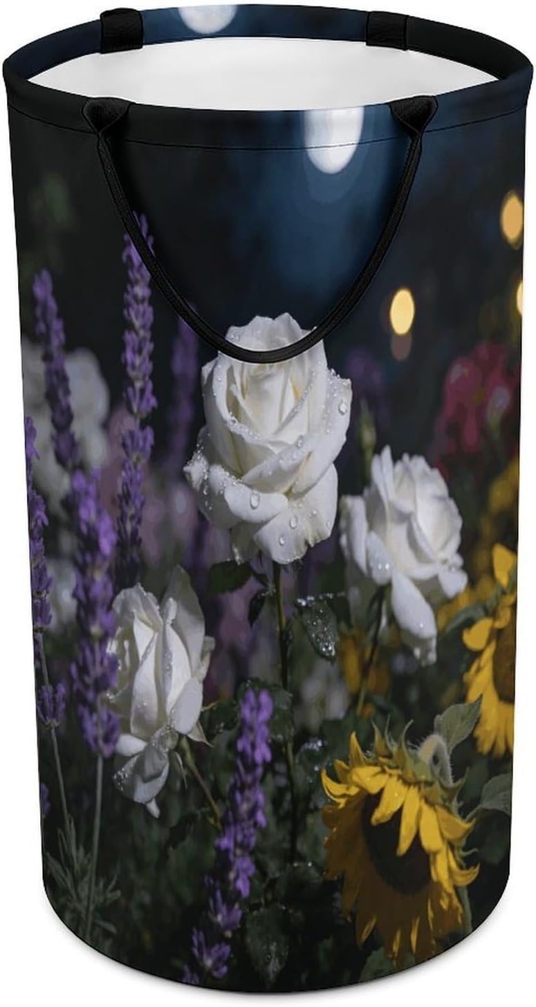 Flowers at Night Laundry Hamper 86L Waterproof Collapsible Clothes Basket with Double Handles Freestanding Foldable Laundry Basket Large Clothes Hamper for Bathroom