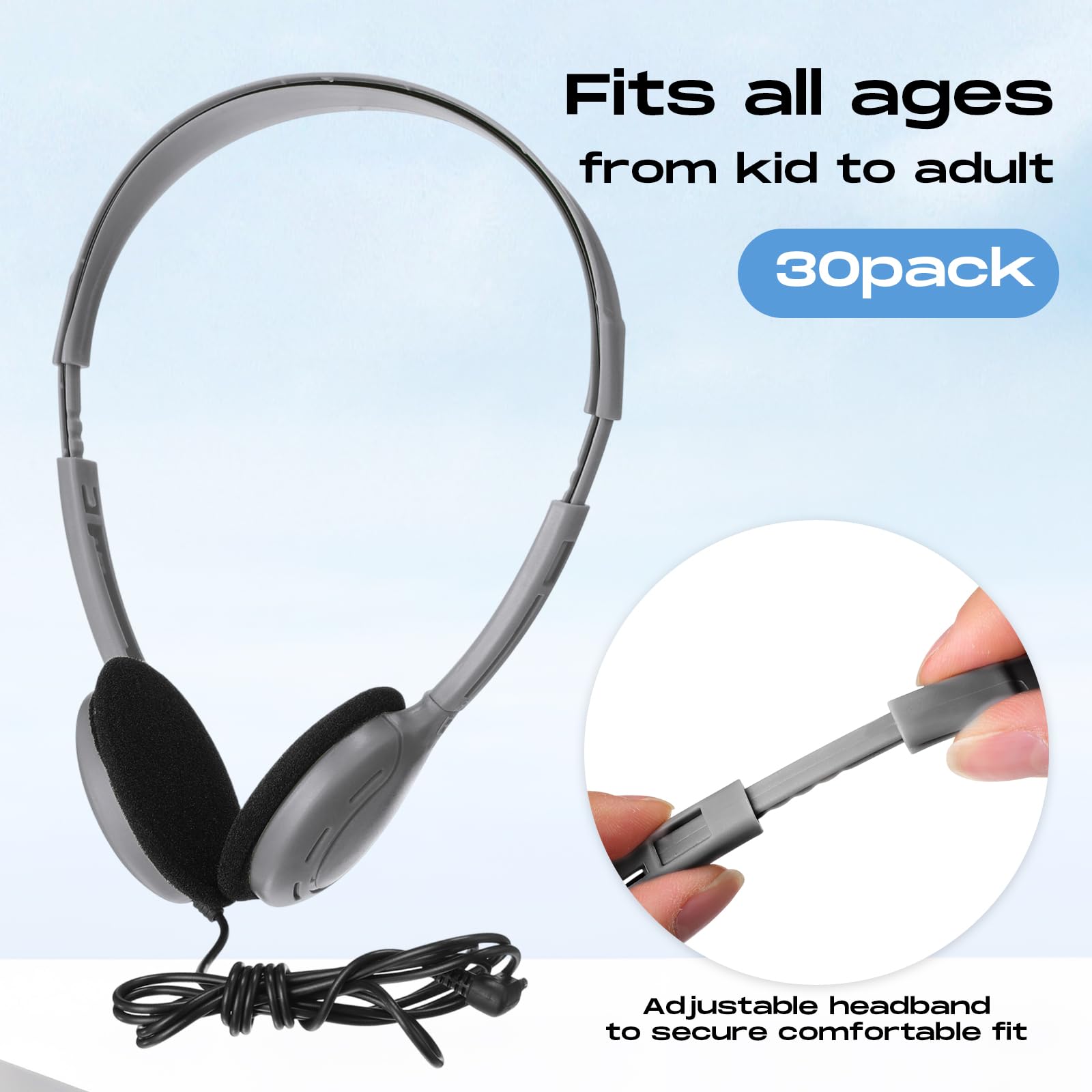 Yunsailing Set di 30 cuffie per bambini e studenti, regolabili, per scuola, con jack da 3,5 mm, per giovani e adulti, per operazioni natalizie (colore grigio)