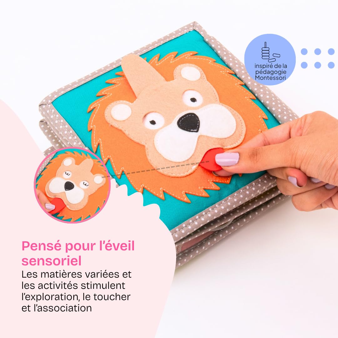 Jolly Designs Mini Quiet Book Lion Rêveur – Jouet Montessori dès 1 an – Livre d’activités Quiet Book en Tissu sans pièces détachables – Livre sensoriel & de motricité pour bébé