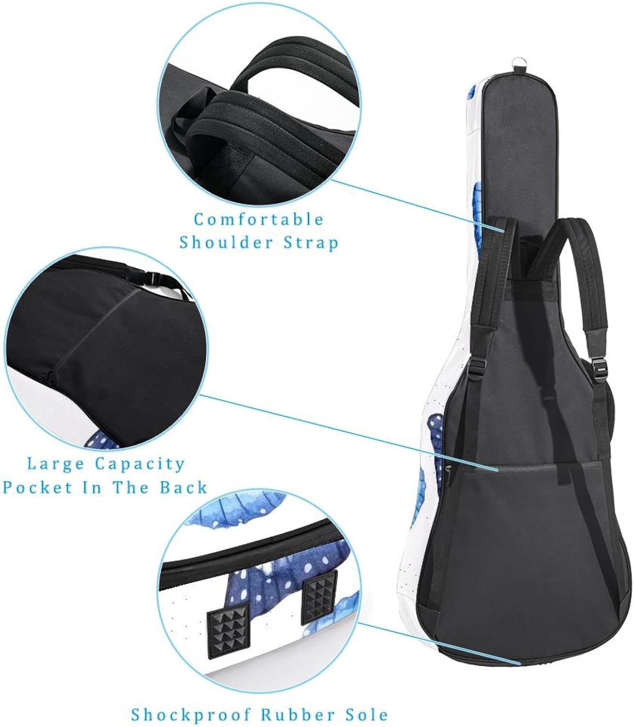 40 41 42 Inch Acoustic Guitar Bag, 0.4 In Thick Sponge Padded Guitar Case Gig Bag with Back Hanger Loop and 2 Pockets, Watercolors Blue Butterflies Pattern