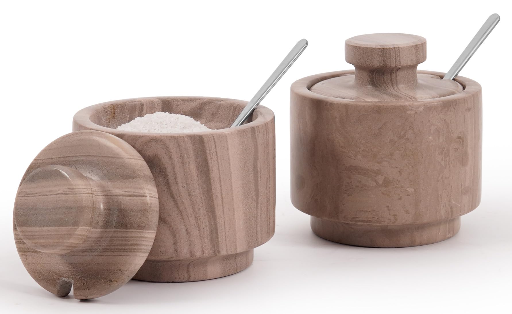 MARBLOUS KRAFTS Marble Salt Cellar with Lid and Spoon 3" Inch Natural Brown Salt and Pepper Dish, Sugar and Salt Bowls Countertop, Coffee Container, Spice Jars, Candy Jar
