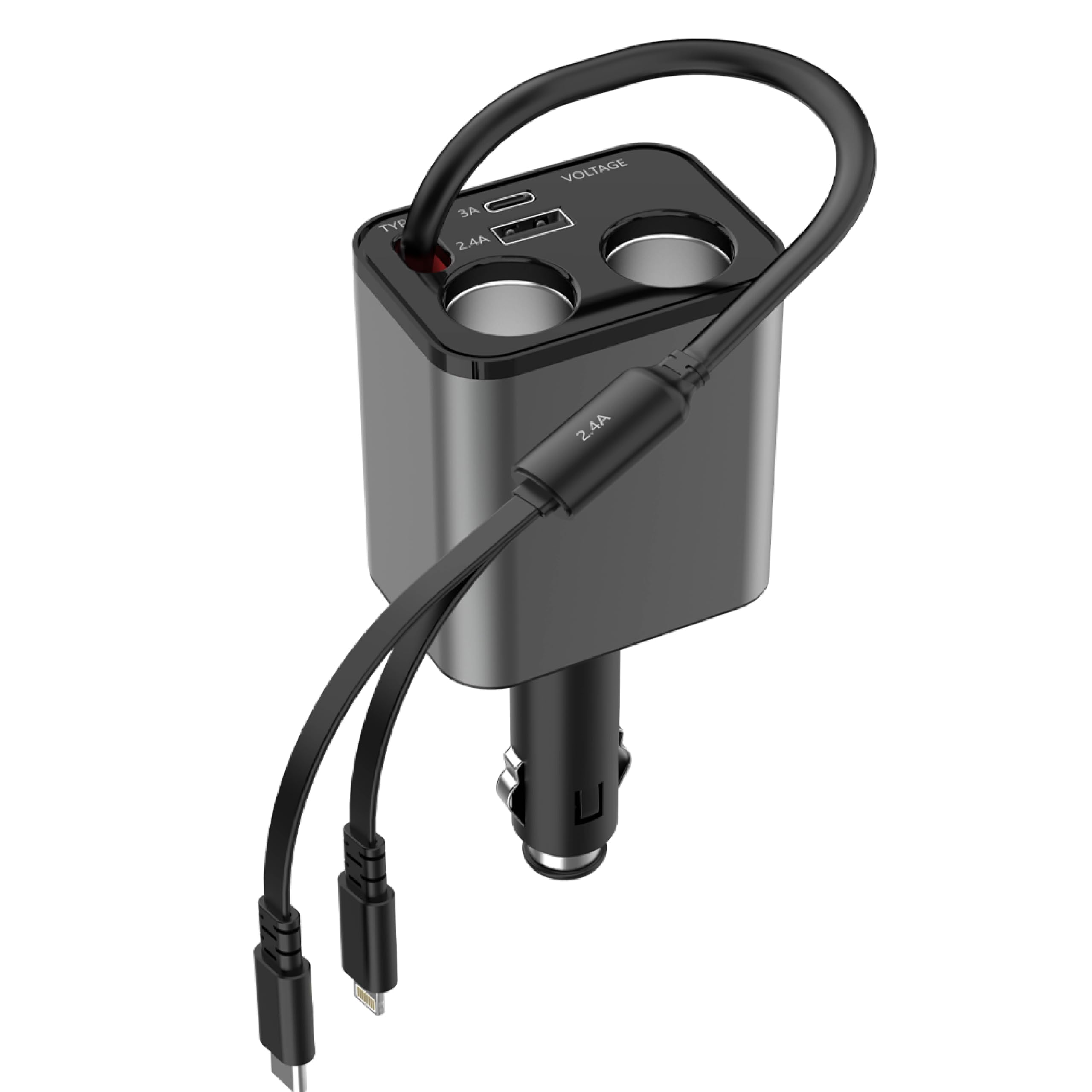 Caricabatteria da auto retrattile 2 in 1 da 90 W con cavi Lightning e tipo C, porta USB, display di tensione, ricarica rapida per tutti i dispositivi mobili