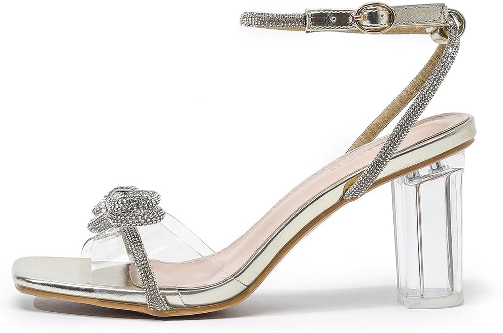 Amoji Women 3 Inch Clear Heels Rhinestone Bow Block Heeled Sandal 337 - Image 4