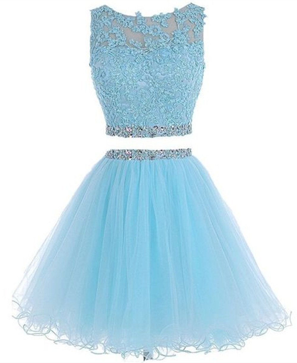 Lace Applique Short Tulle Backless Prom Dress Sweet 16 Party Dresses for Teens Sky Blue,US12