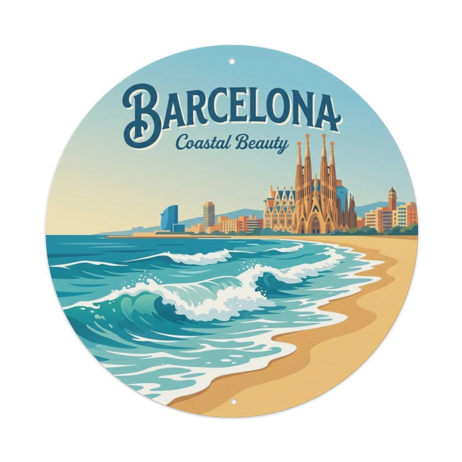 Vintage Travel Barcelona Waves Mediterranean Coast Metal Tin Sign Plaque Wall Decor for Cafe, Club, Garden Round Metal Poster 8x8Inch