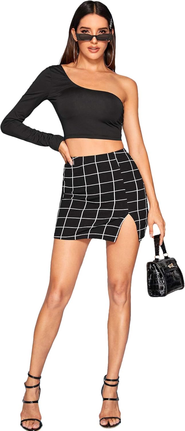 Floerns Women's Casual Split Hem High Waisted Mini Bodycon Plaid Skirt X-Large A Black