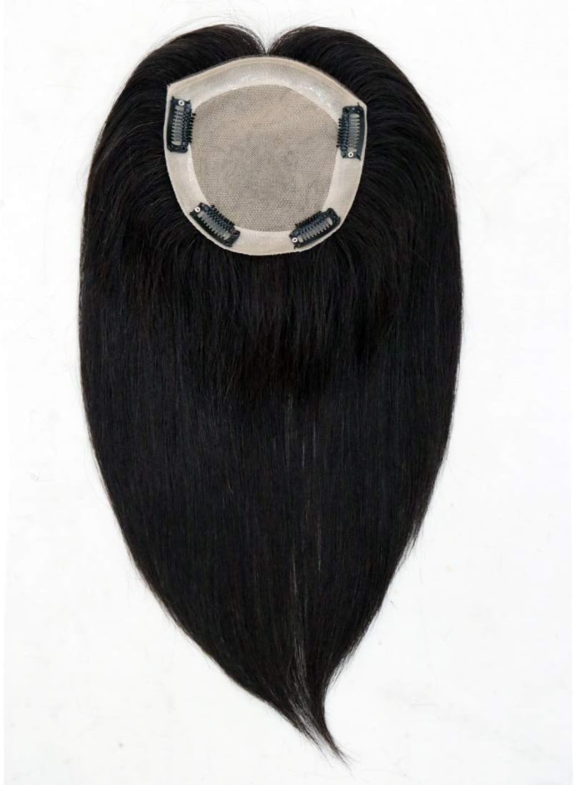 UniWigs Remy Human Hair Topper Pieces, 12 inches Natural Black, Silk Top Base Natural Parting Line For Hair Loss or Thinning Hair